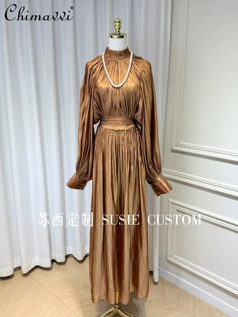 French Retro Palace Stand Collar Pleated Waist Tie Lantern Sleeves Large Swing Long Dress High Waist Elegant Vacation Dress