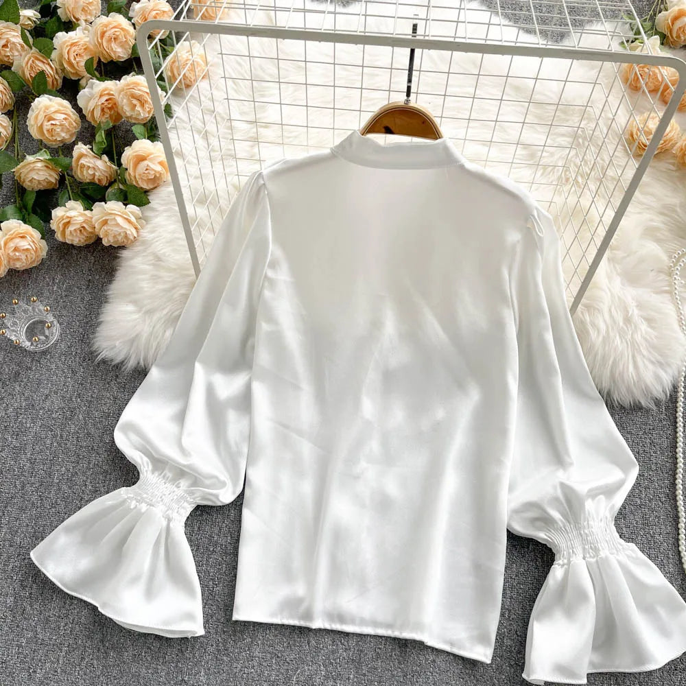 Elegant Satin Ruffle Long Sleeve Blouse for Women