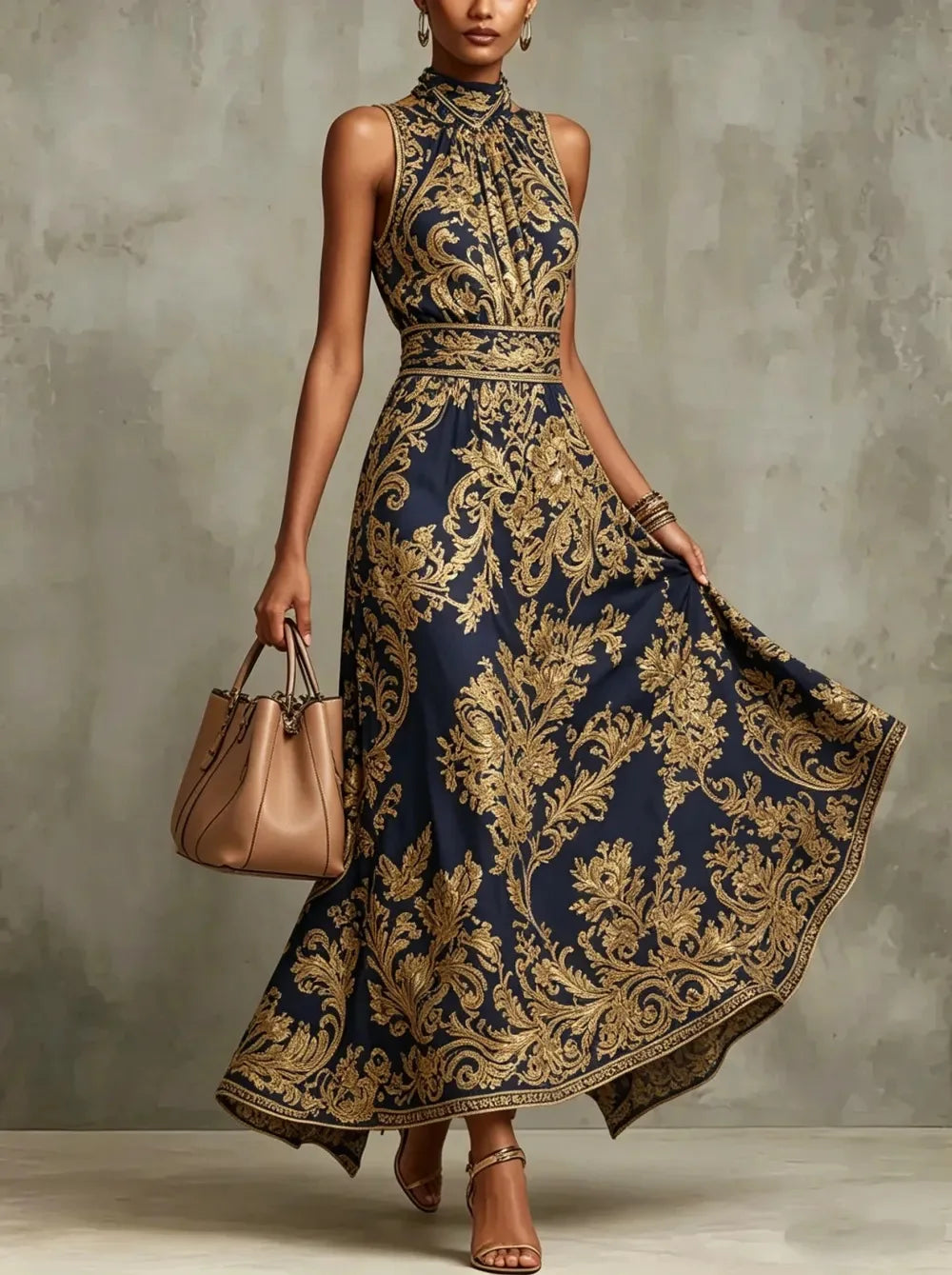Elegant Baroque Print Halter Neck Maxi Dress for Women