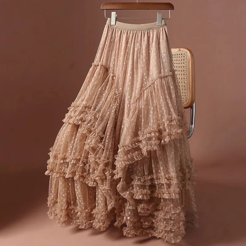 Romantic Vintage Jacquard Tulle Puff Skirt for Women