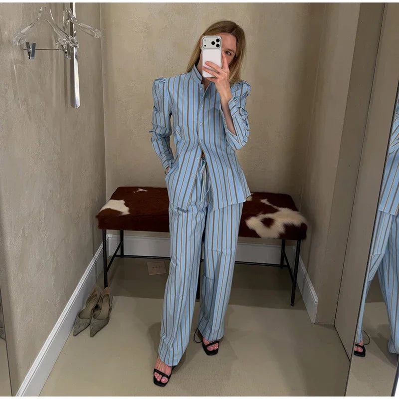 Blue Striped Puff Shoulder Shirt And Pants Set For Women