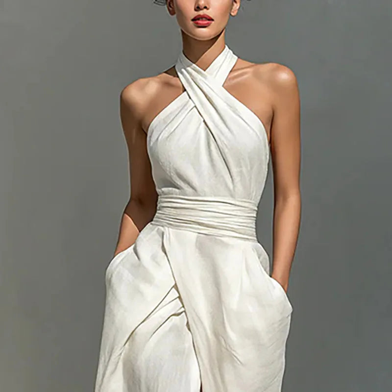 Criss Cross Halter Ruched Slit Maxi Dress for Women