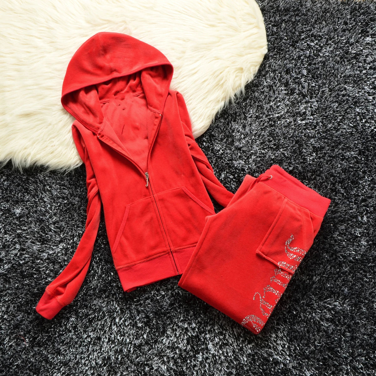 Y2K Velvet Rhinestone Two Piece Tracksuit Set for Women