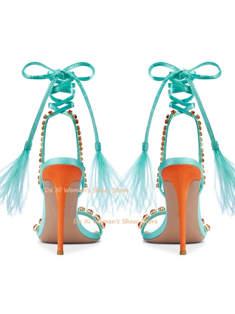 Satin Square Toe Rhinestone Ankle Strap Feather Stilettos For Women