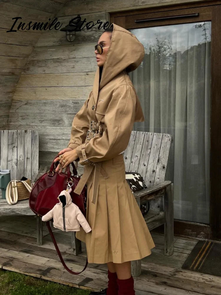 Khaki Cotton Blended Double Breasted Puff Sleeve Coat For Women
