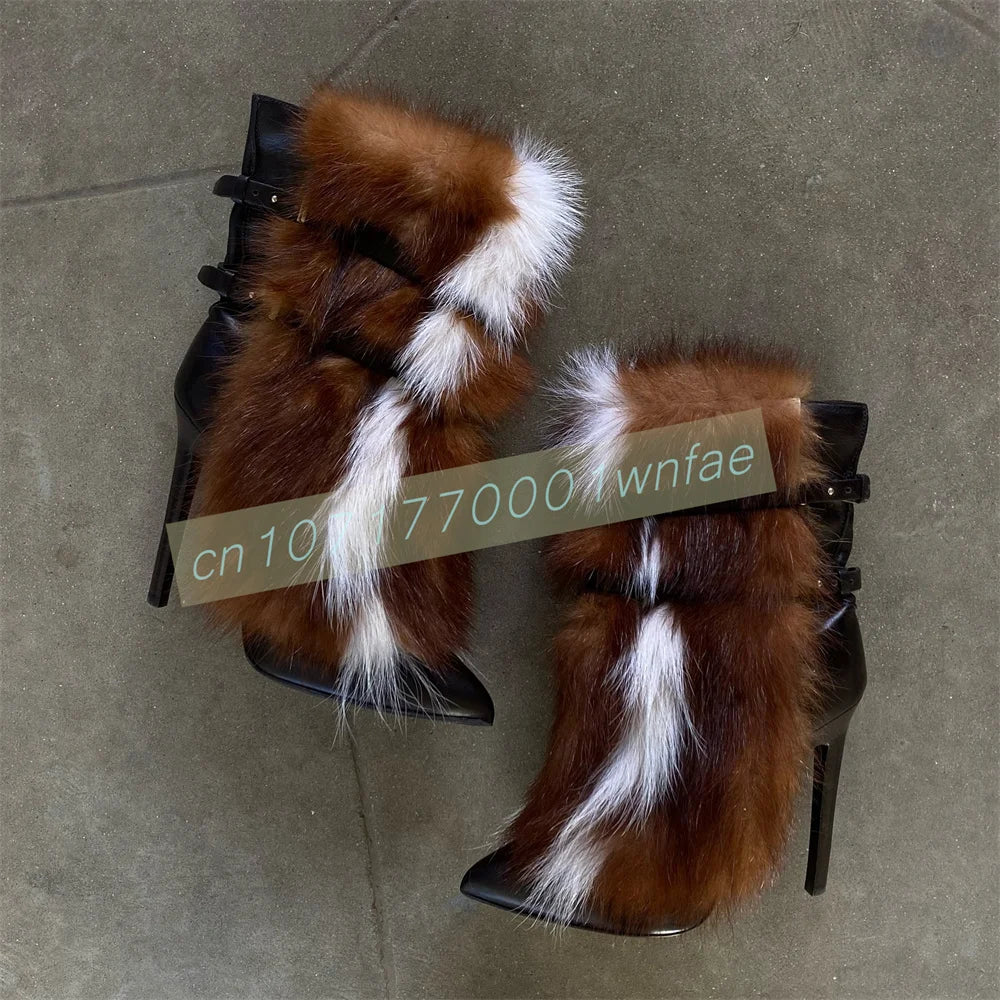 Faux Fur Trim Buckle Strap Stiletto Boots for Women