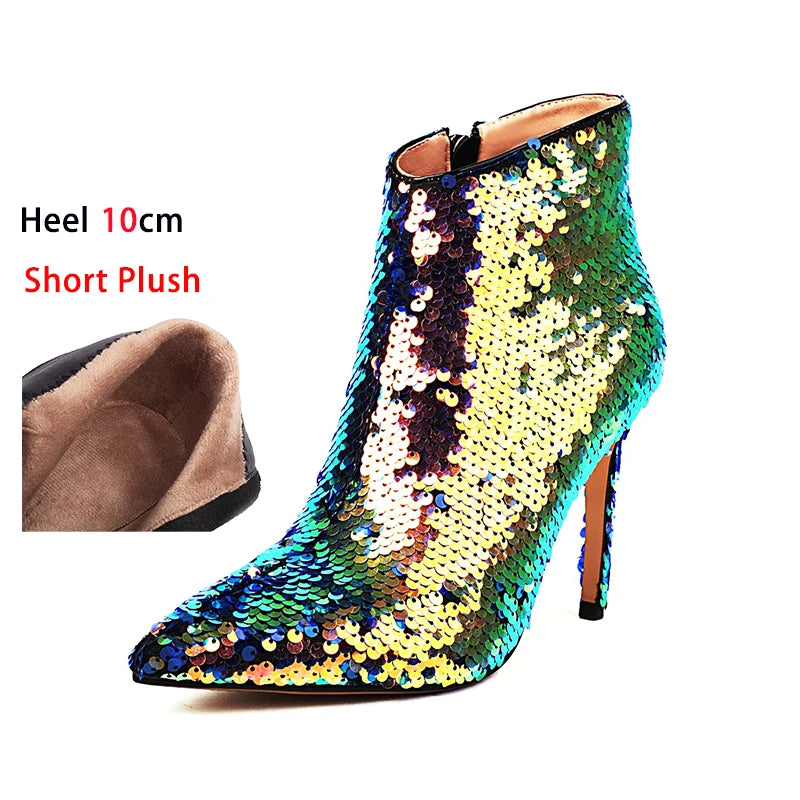 Sequined Pointed Toe Ankle Boots with Stiletto Heels for Women