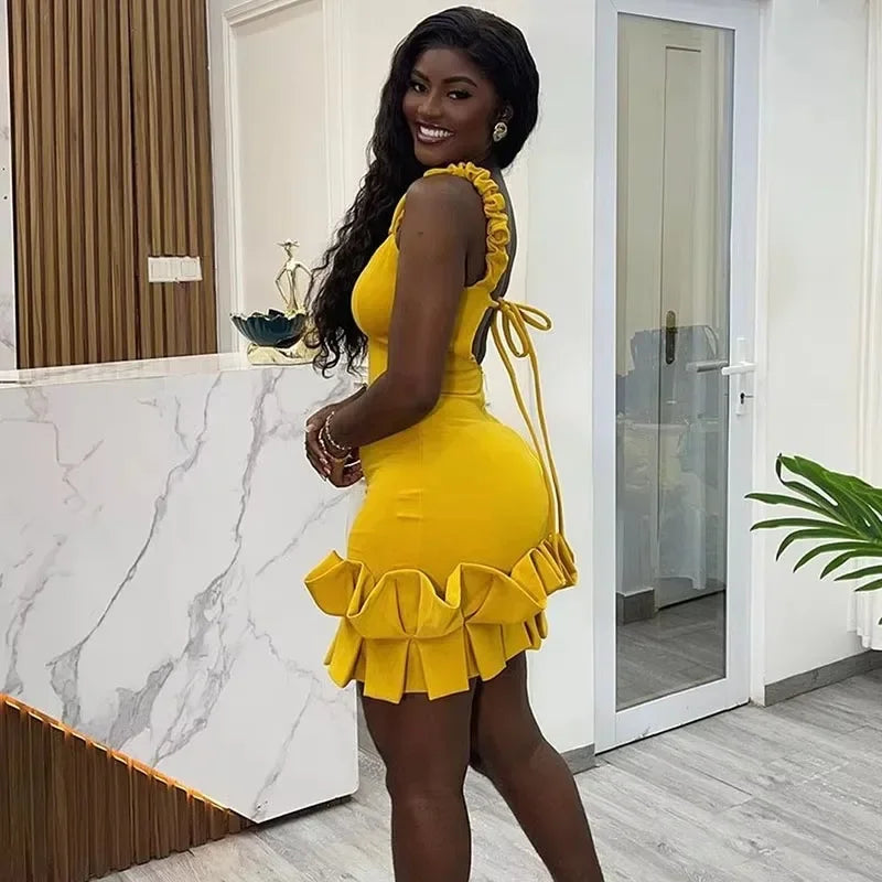 Ruffle Hem V-Neck Spaghetti Strap Mini Dress for Women