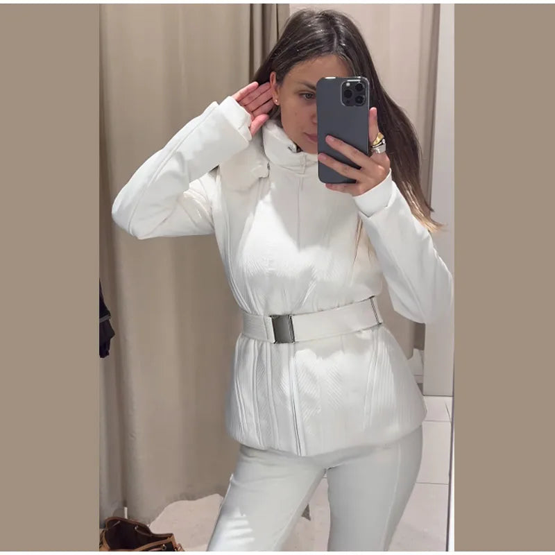 Warm Fur Trim Hooded Winter Ski Suit with Belt for Women