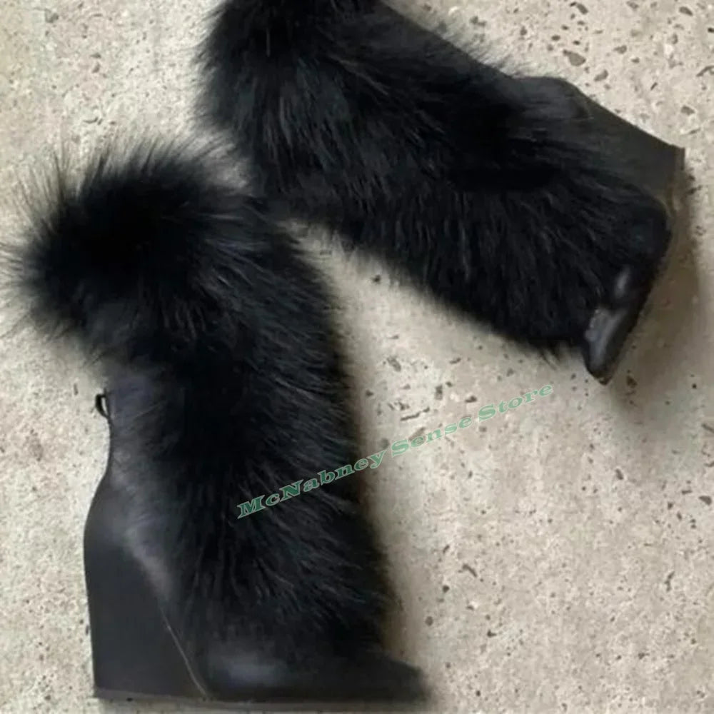 Suede Pointed Toe Lace Up Mid Calf Wedge Boots For Women