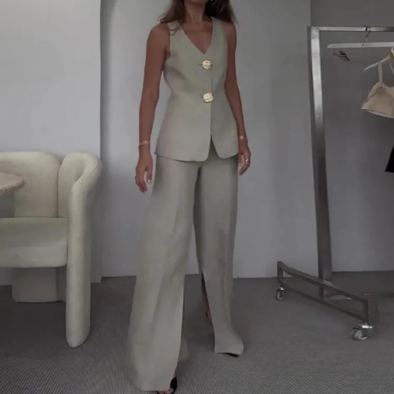 Women Summer Cardigan Top Chic Outfit, Solid Patchwork Wide Leg Pants Matching Sets, Sleeveless V Neck Ladies Suits Streetwear