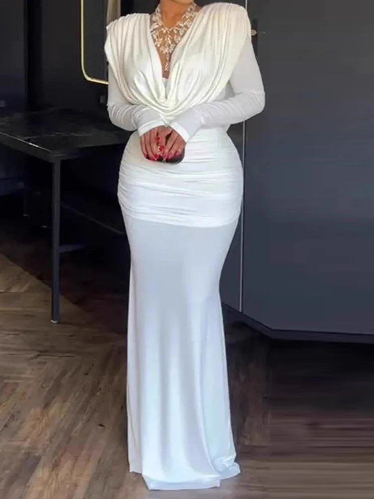 Elegant Patchwork V Neck Long Sleeve Maxi Dress for Women