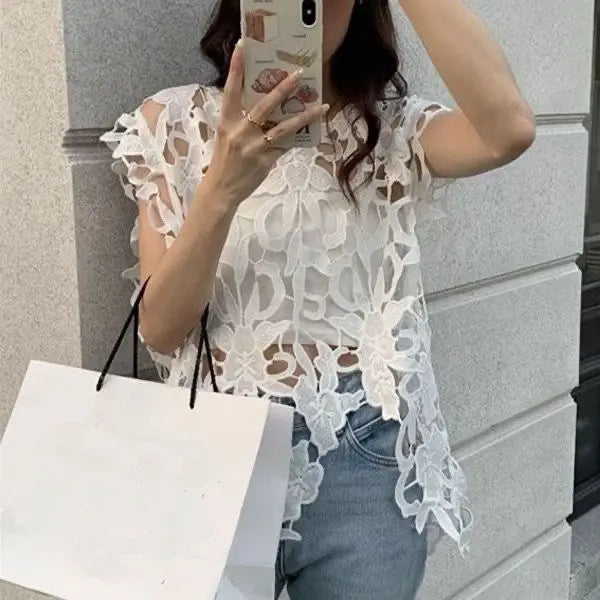 Embroidered Lace Loose Sleeveless Blouse for Women
