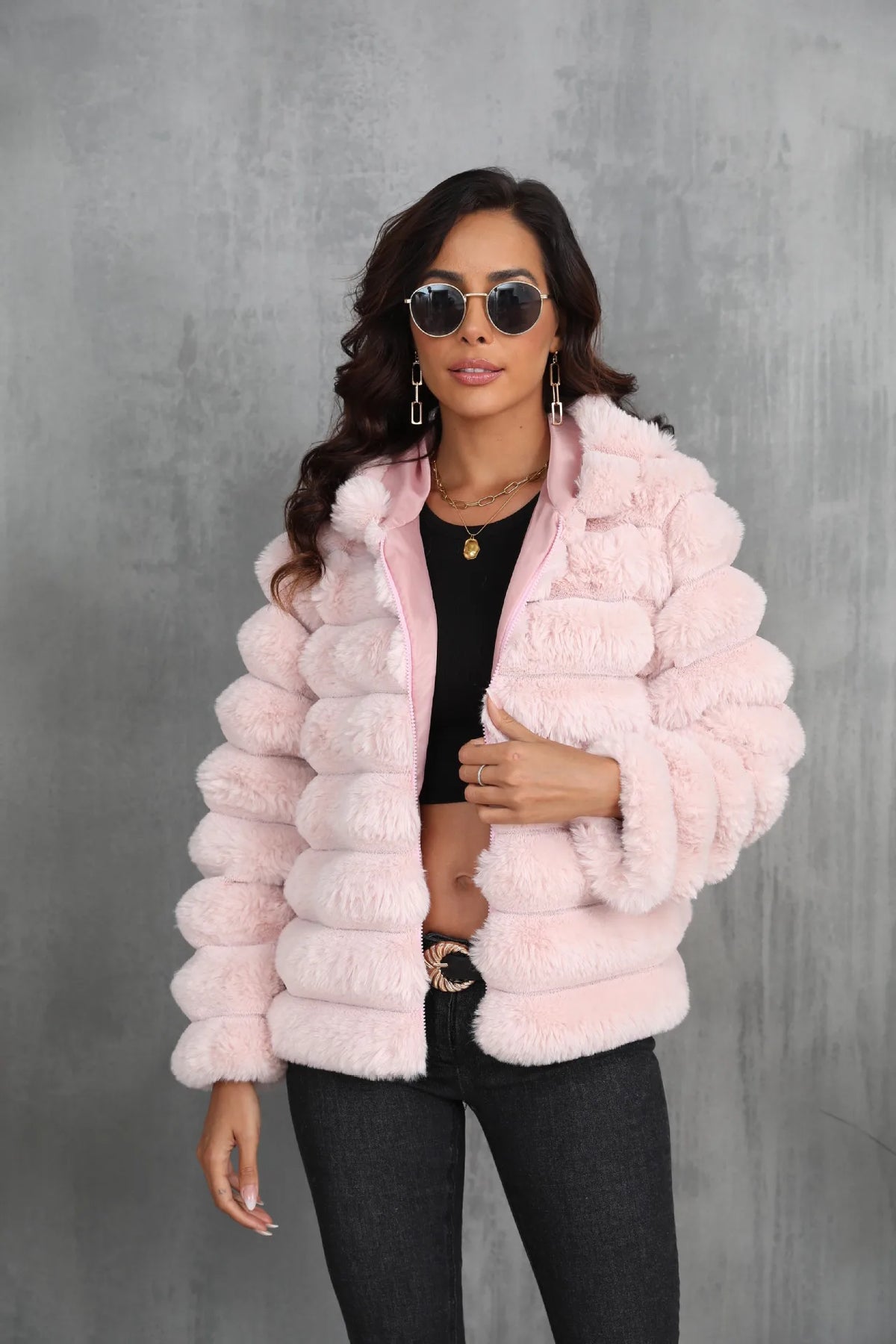 Warm Hooded Short Faux Fur Coat With Turn Down Collar for Women