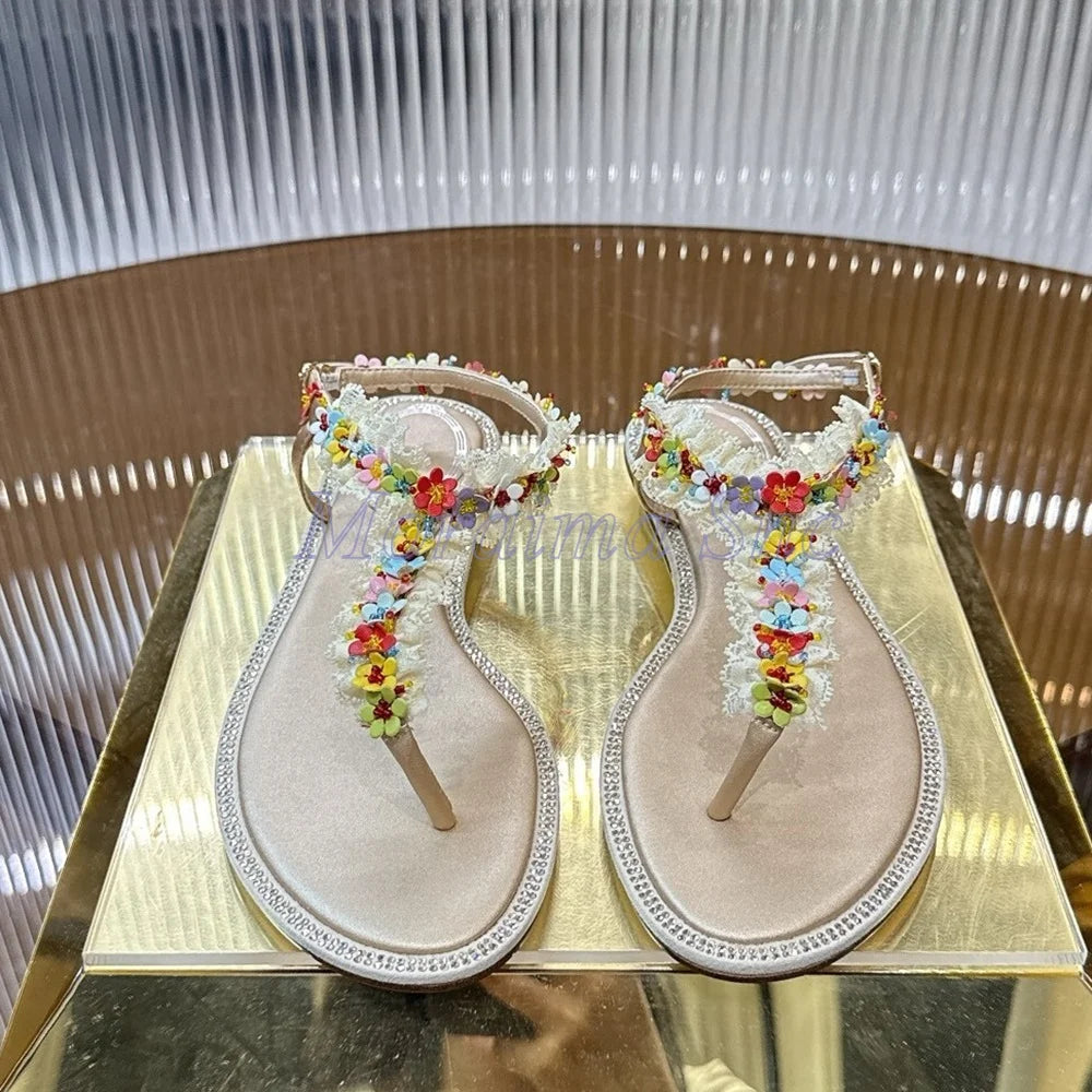 Chic Open Toe Floral Lace Trim Flat Sandals for Women