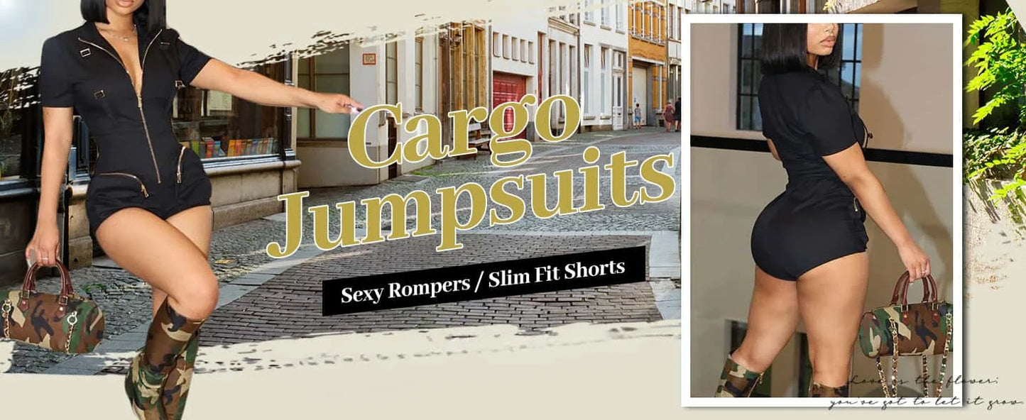 Solid Color Pocket Cargo Short Sleeve V Neck Romper for Women