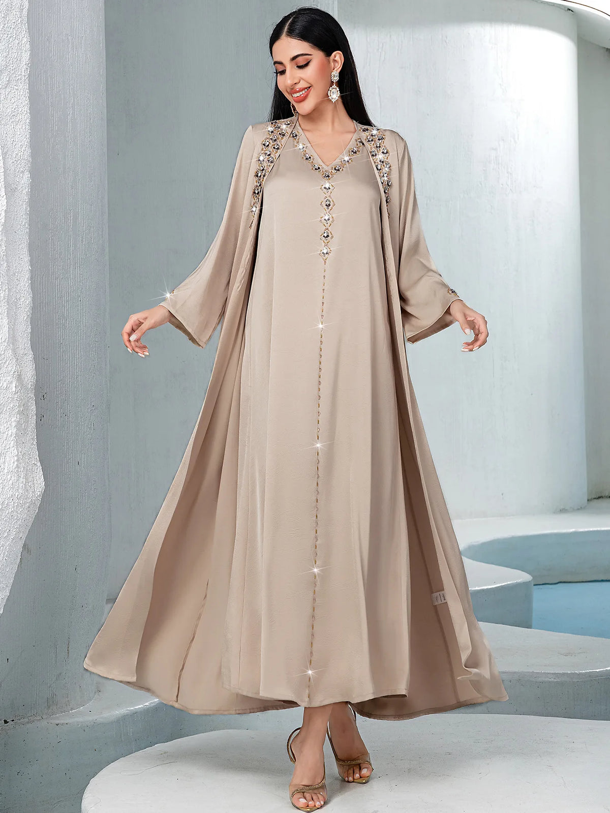 Diamond Embellished Two Piece Abaya Set for Women