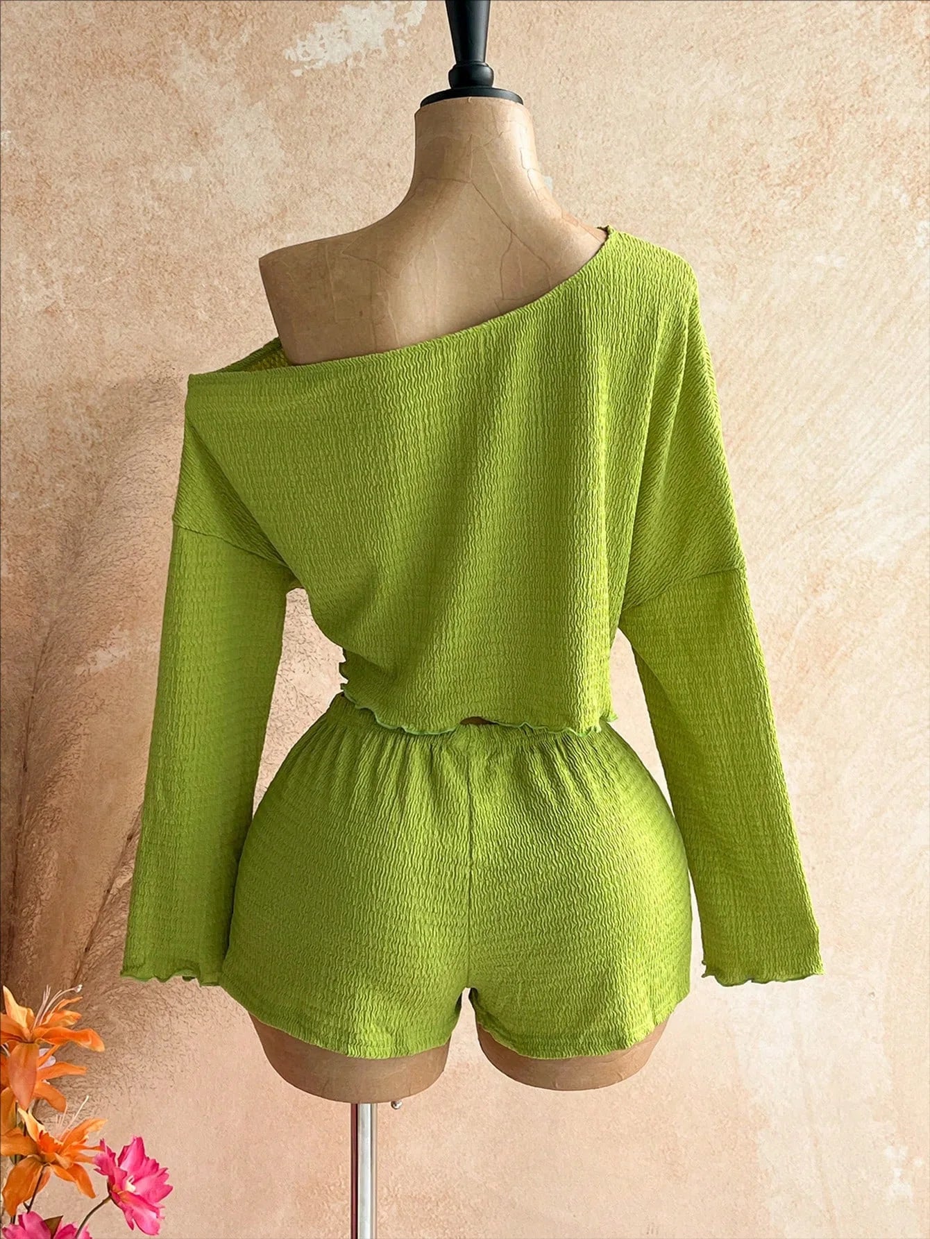 Slanted Shoulder Knit Two Piece Shorts Set for Women