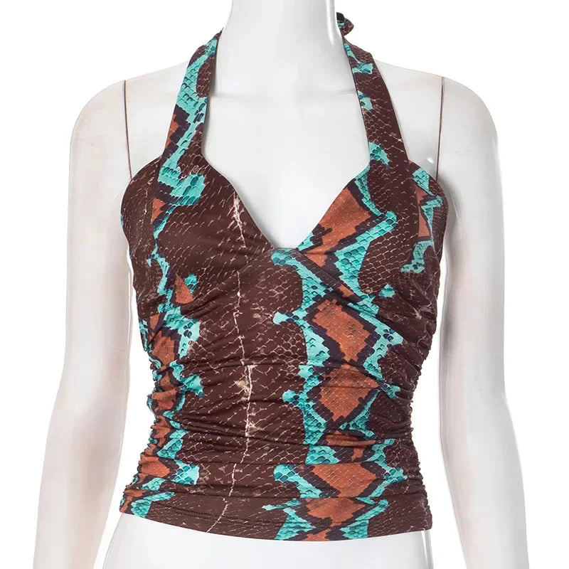 Aesthetic Print Pleated Halter Backless Crop Top for Women