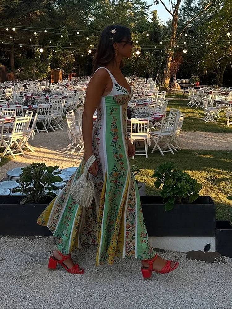Sweetheart Neckline Floral Print Linen Blend Maxi Dress For Women