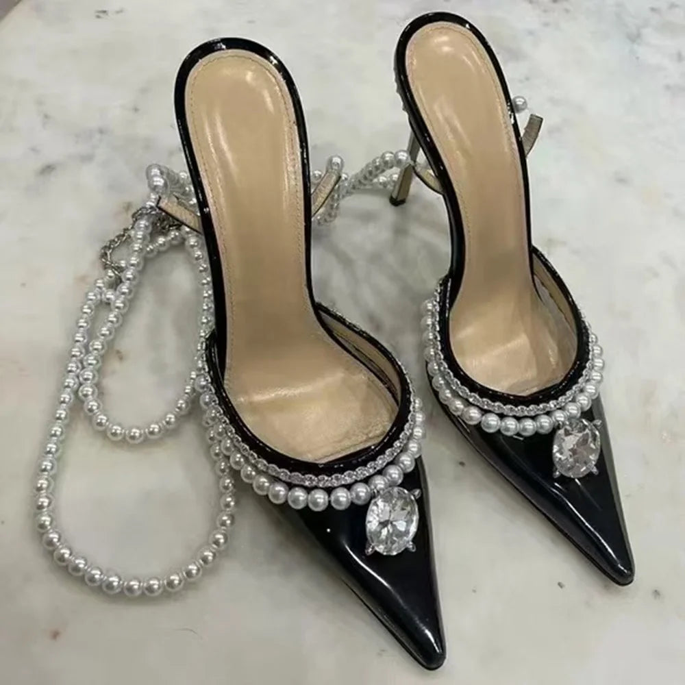 Black Patent Pearl Pointed Crystal Heels