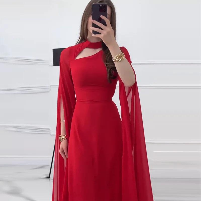 Solid Color Lace Up Cape Sleeve Maxi Dress For Women