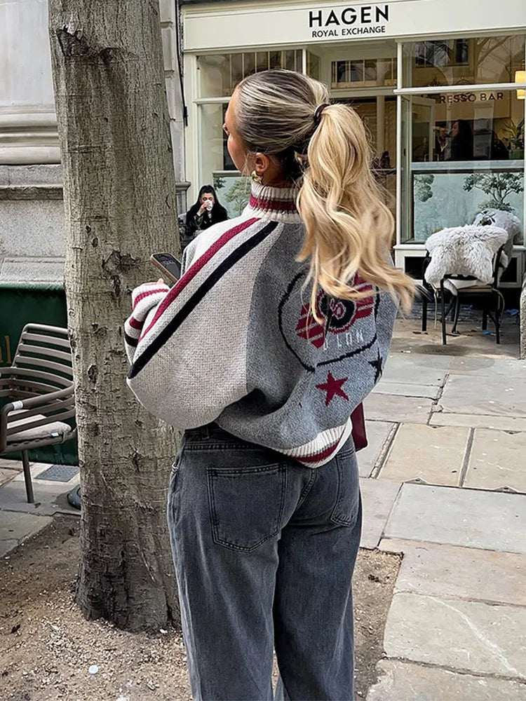 Printed Striped Knitted Baseball Cardigan for Women