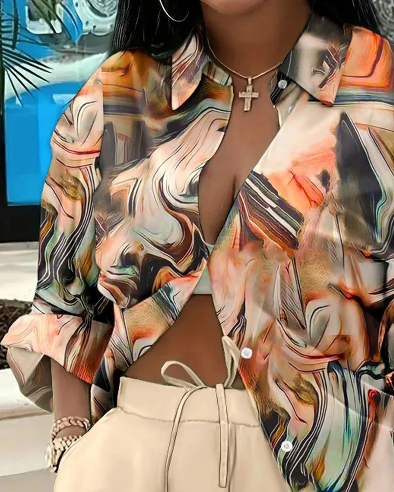 Casual Geometric Print Shirt Shorts Two Piece Set for Women
