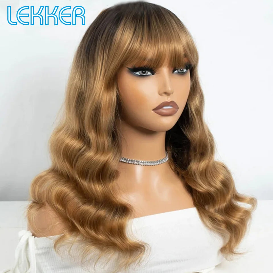 Long Body Wave Human Hair Wig With Bangs for Women
