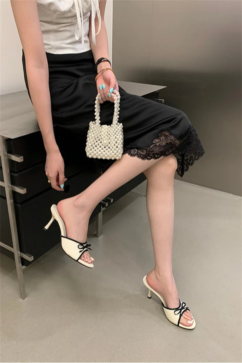 Polka Dot Silk Butterfly Knot Heeled Sandals for Women