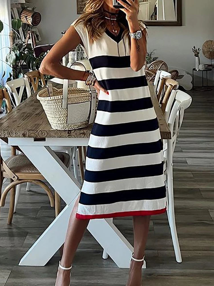 Elegant Striped Sleeveless V Neck Midi Shirt Dress for Women