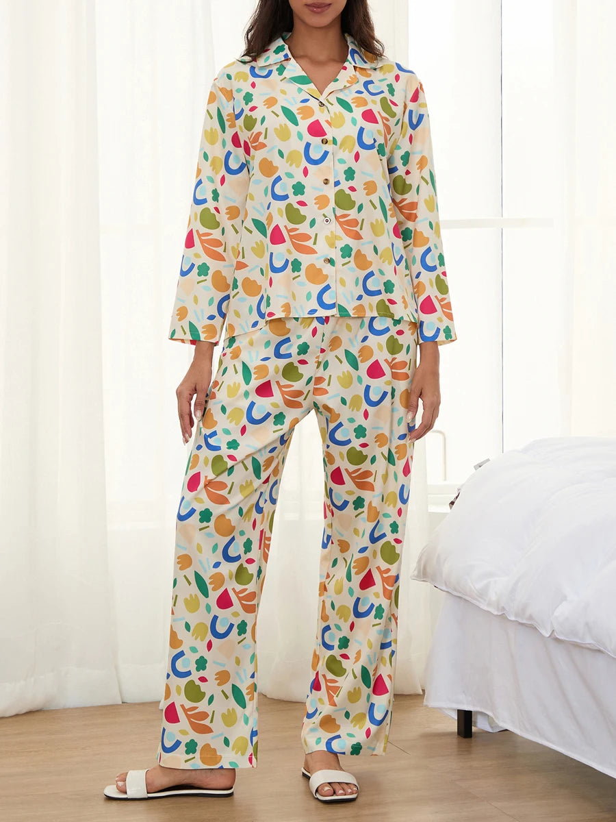 Women Pajamas Set 2 Pieces Loungewear Suits Fashion Print Button up Long Sleeve Tops and Elastic Pants Sleepwear Outfits Pjs