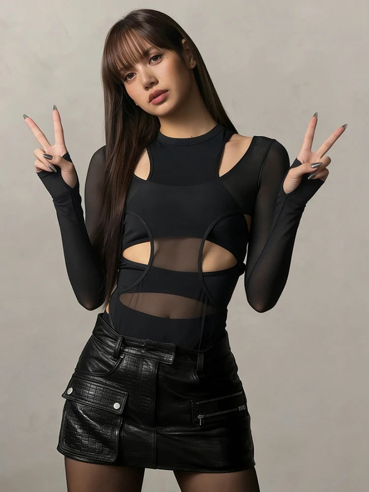 Mesh Patchwork Bodysuit With Long Sleeves for Women