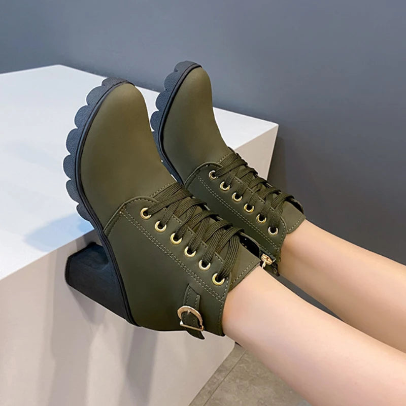 Lace-Up Platform Ankle Boots With Square Heels for Women