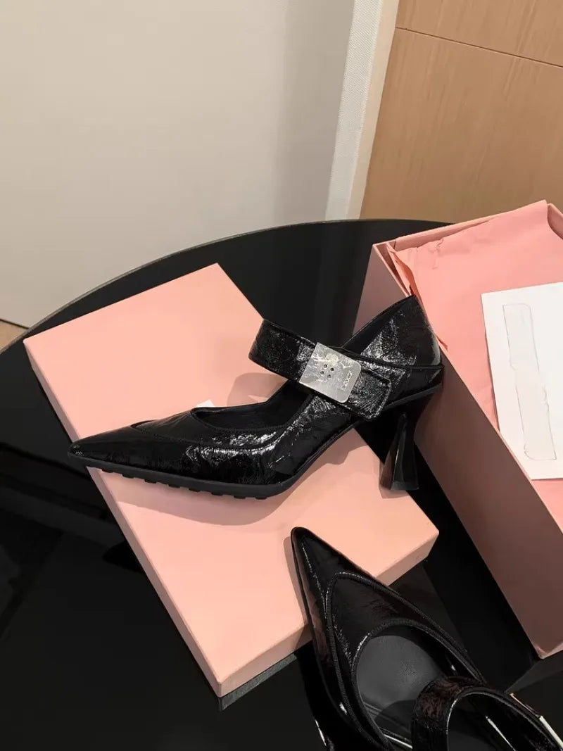Soft Leather Pointed Toe Pumps With Metal Buckle for Women