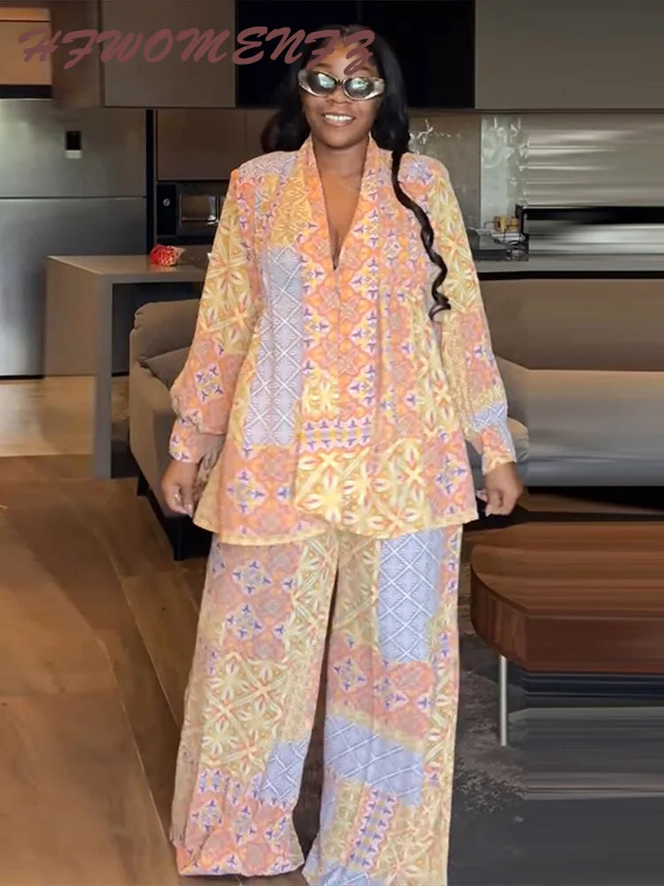 Casual Print Long Sleeve V-Neck Top Wide-Leg Trousers Two-Piece Set for Women