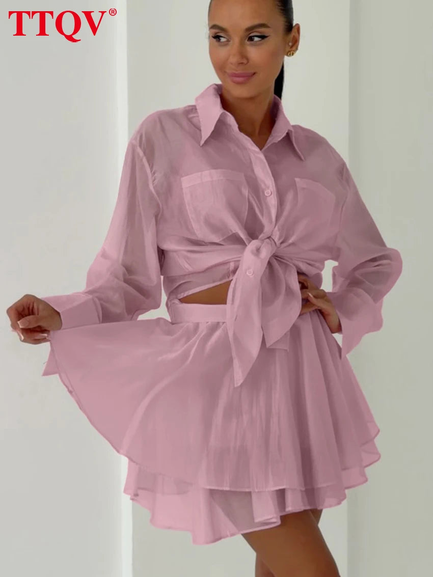 Elegant Long Sleeve Blouse and Pleated Mini Skirt Set for Women