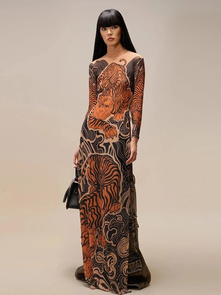 Weird Puss See Through T-Shirts Women Tiger Print Long Sleeve High Neck High Slits High Elastic Skinny Trend Street Hipster Tops