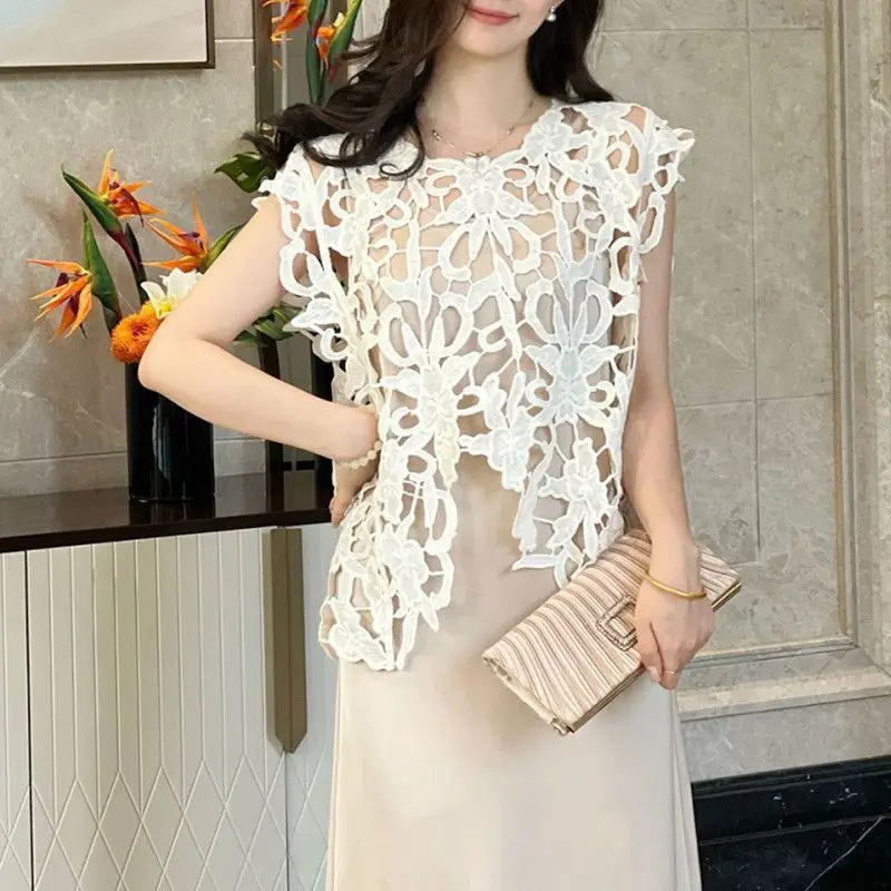 Embroidered Lace Loose Sleeveless Blouse for Women