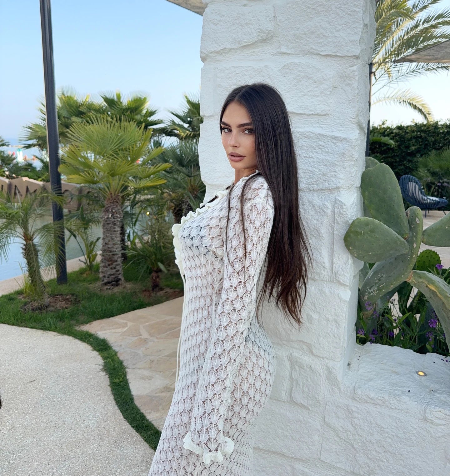 Sexy Frill Big V Neck Hollow Out Long Sleeve Maxi Dress Summer 2025 Feminine Swimwear Bikini Cover Up Women Holiday Outfits K221