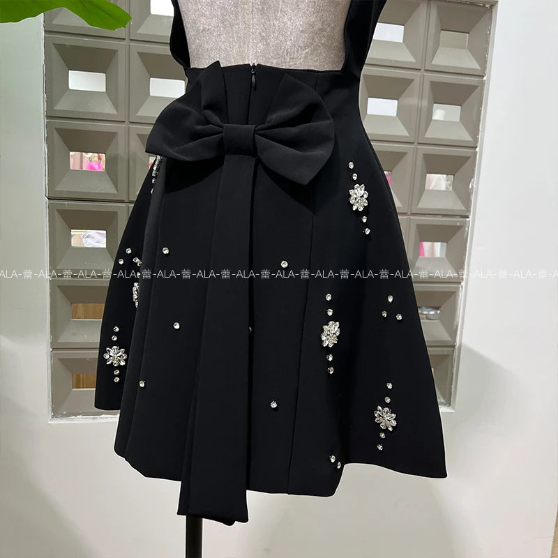 High-end Light Luxury Party Dress 2025 Summer Clothes New Heavy Industry Diamond Square Collar Waist Halter Bow Short Dress