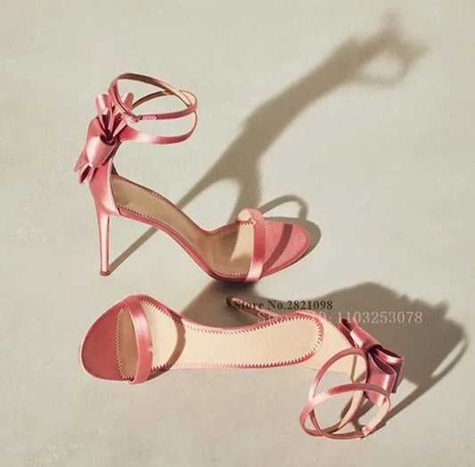 Pink Satin Bow Ankle Strap Sandals