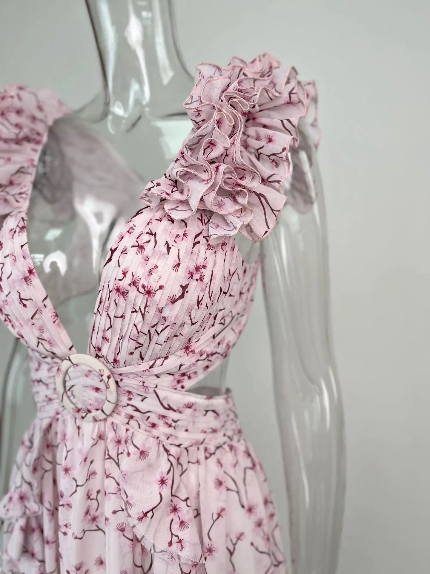 Summer Spring Women's Clothing Dress Hollow Out Slim Deep V Ruffle Edge Floral Backless Dress Loose Maxi