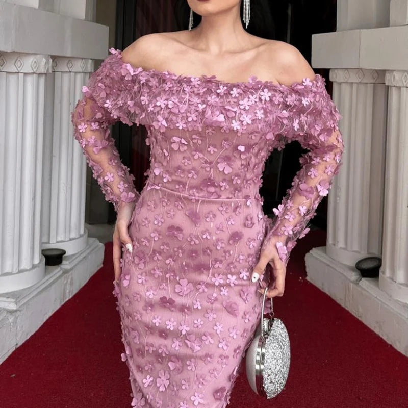 Floral Mesh Off Shoulder Slim Fit Party Long Dress for Women