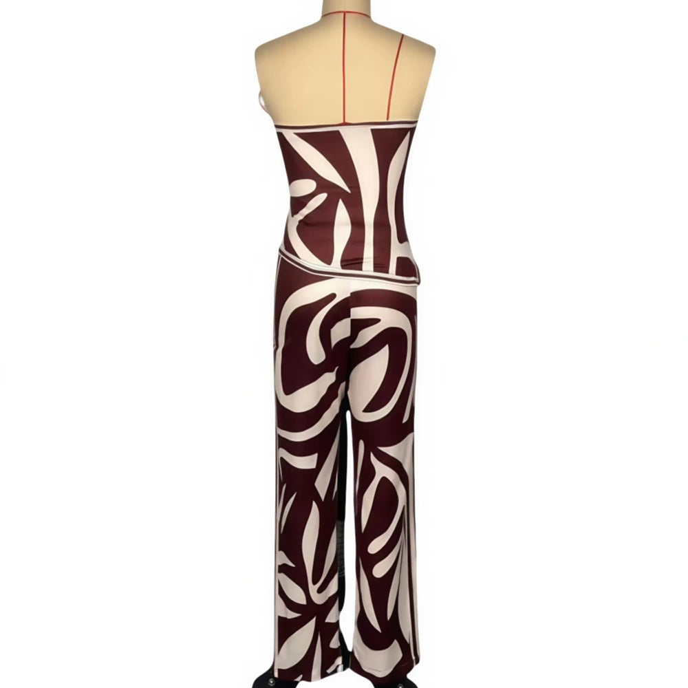 FAGADOER Fashion Stripe Print 2 Pieces Set for Woman Sleeveless Backless Top + Wide Leg Pant Outfits Matching Female Streetwear