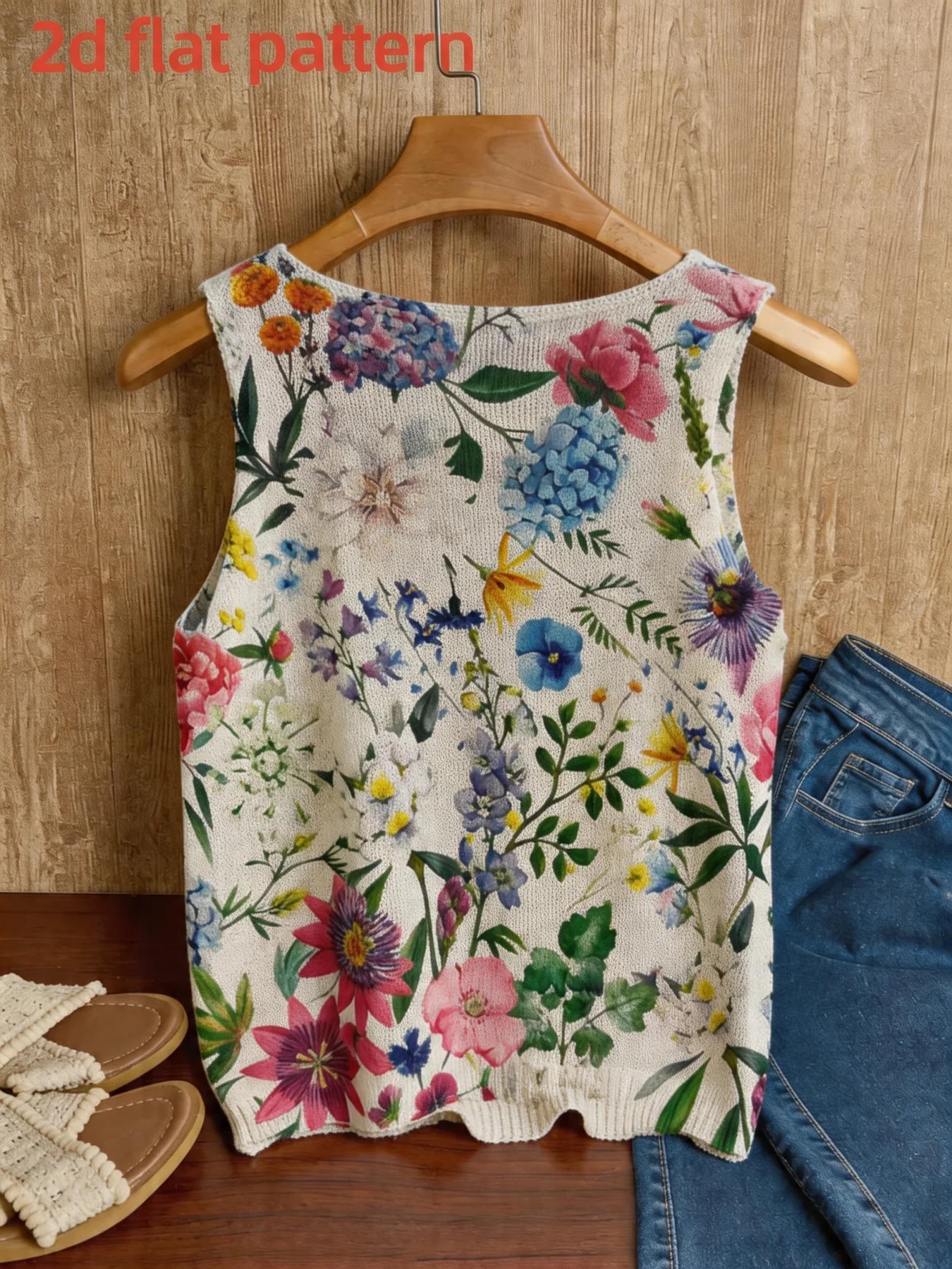 Floral Print V-Neck Pullover Knit Vest Top for Women