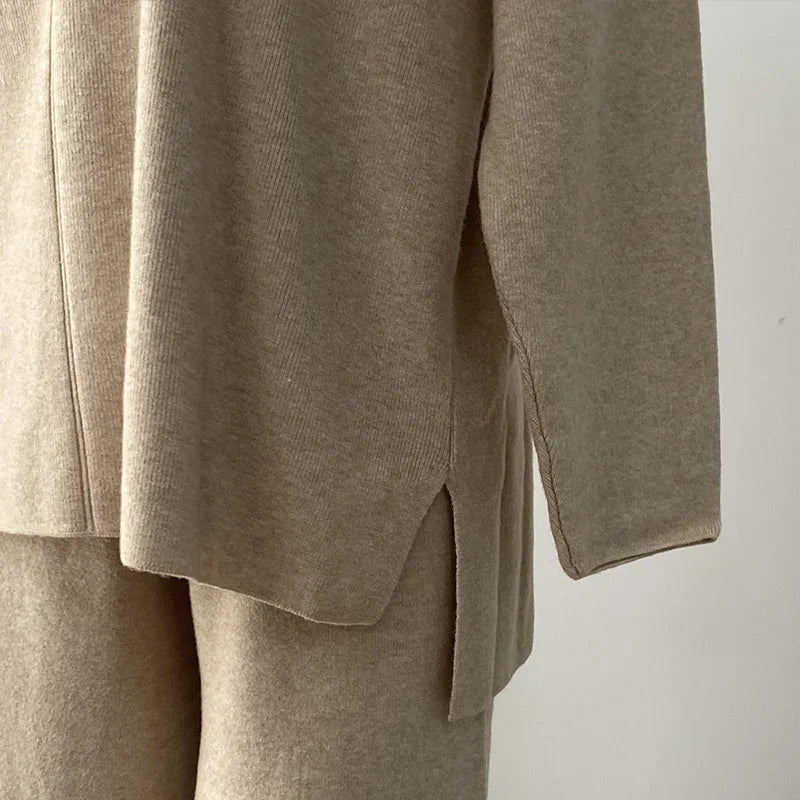 Solid Turtleneck Sweatshirt Set With Wide Leg Pants for Women