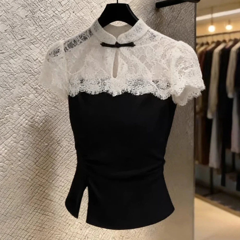 Slim Fit Lace Splicing Stand Collar Short Sleeve T-shirt for Women