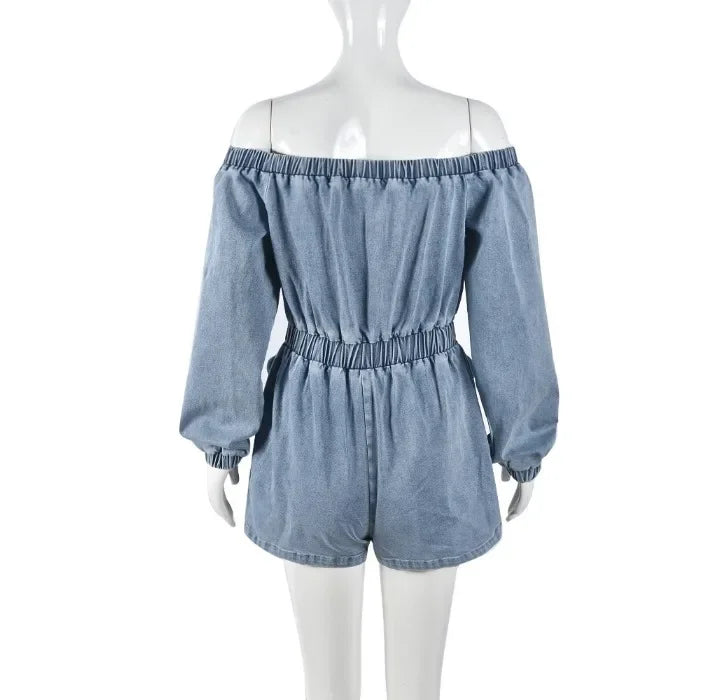 Denim Jumpsuit Womens Clothing Pocket Sexy  Chest Hugging Elastic Waist Long Sleeves Conjoined Body Shorts for Female Streetwear