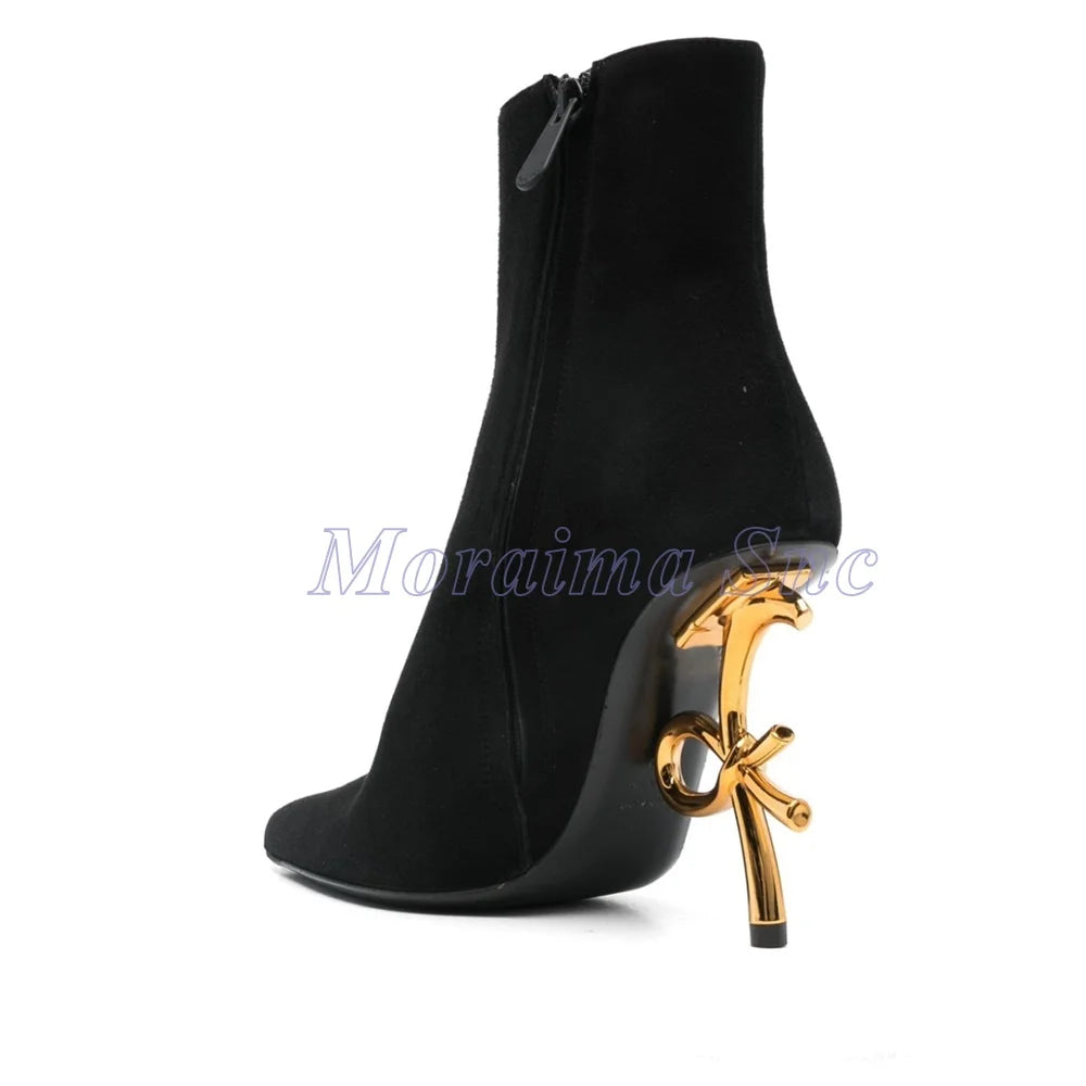 High Heel Pointed Toe Suede Ankle Boots Metal Decoration For Women